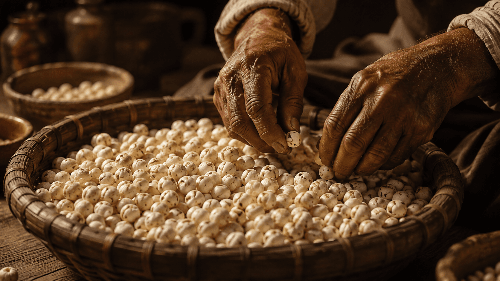 Hands carefully sorting premium makhana